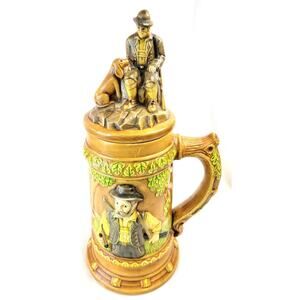 Vtg German Lederhosen Man Hunting Dog Deer 3D Ceramic 13" Beer Stein 3 Pint Lid